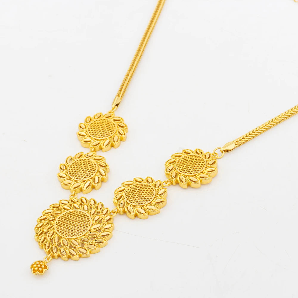 Round Jewelry Set Design for Women African Hot Sale Copper Hoop Earrings Flower Necklace Gold Plated Pendant Party Wedding Gifts