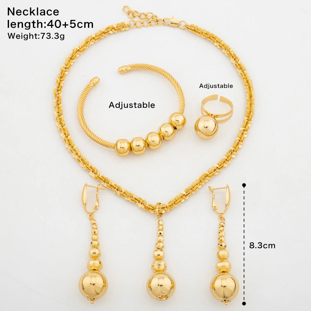 African Gold Color Jewelry Set for Women Glossy Multiple Small Bead Dubai Bridal Wedding Luxury Necklace Bracelet Earrings Ring