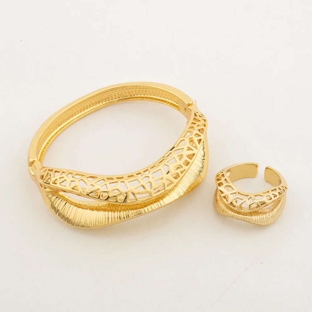 Nigerian African Dubai Bracelet Jewelry Luxury Copper Gold Color Cuff Bangle Ring For Women Party Wedding Gifts Jewelry