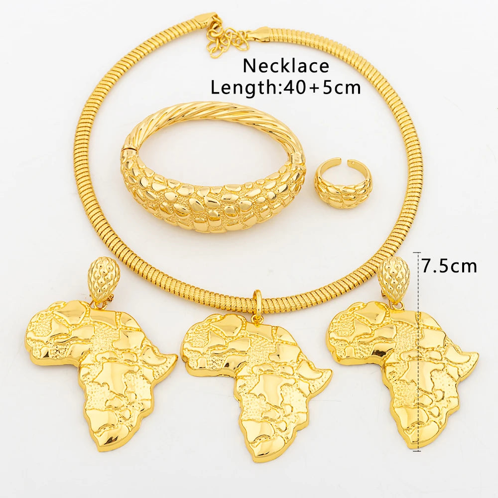 African Gold Color Jewelry Set for Women Large Earrings and Pendant Italian Luxury Necklace Bangle Ring Weddings Jewellery Gift