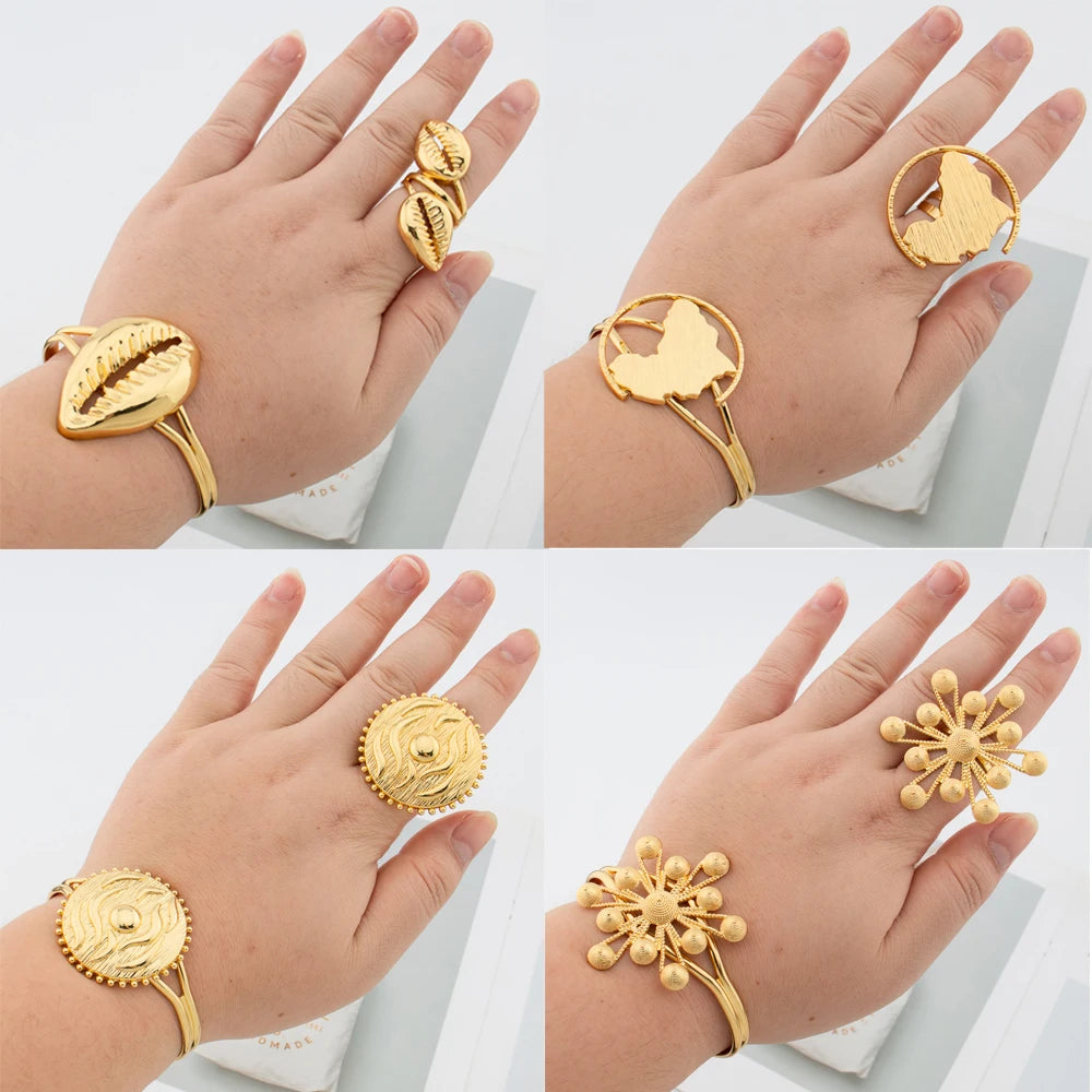 Cuff Bangle and Ring Jewelry Set for Dubai African Women 18k Gold Plated Hand Bracelet Finger Ring Weddings Bride Aesthetic Gift
