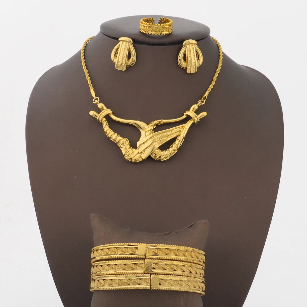 Middle East Ethiopian Gold Color Necklace Bracelet Ring Earrings Set For Women girls Dubai Jewelry For  Wedding Gifts