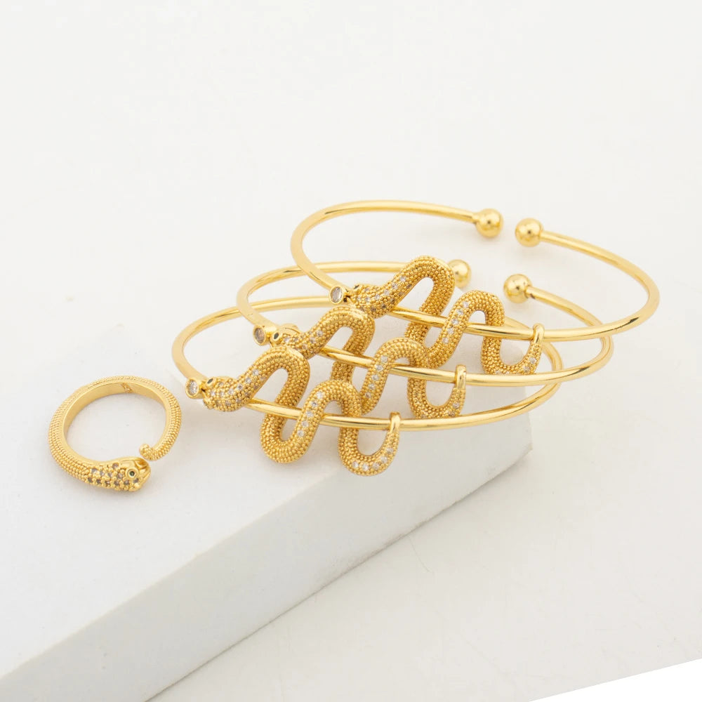 Fashion Women Gold Color Cuff Bangle with Ring African Snake Design Dubai Luxury Italy Bracelet Wedding Jewelry Set