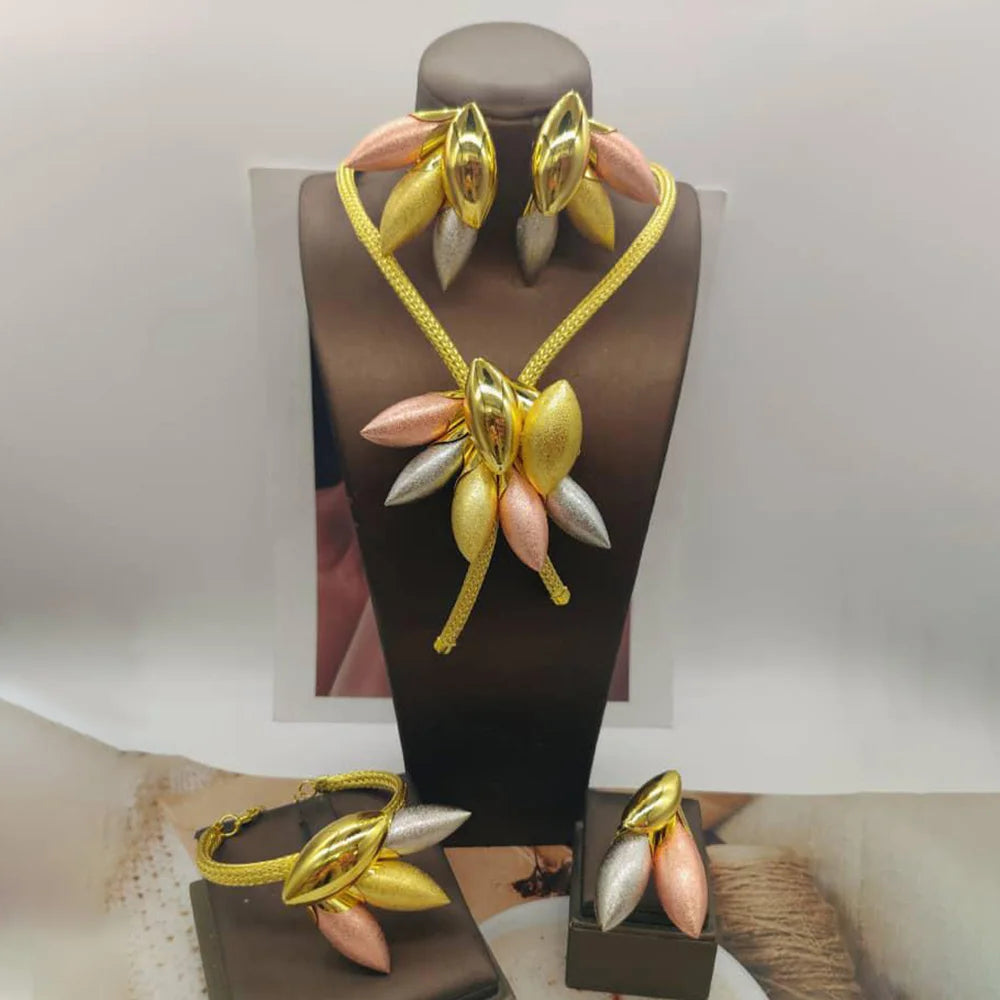 Exaggerate Women Jewelry Set for Party African Copper Gold Color Pendant Necklace and Dangle Earrings Weddings Bangle Ring Set