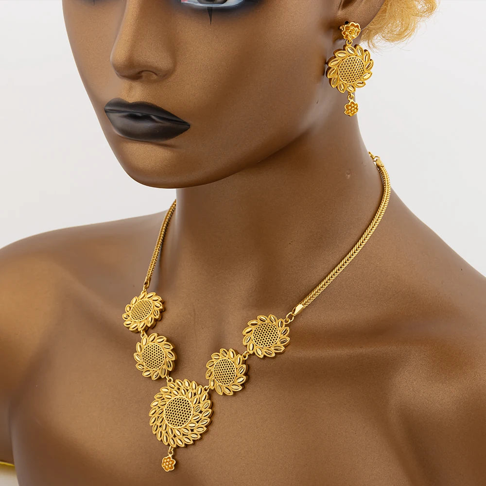 Round Jewelry Set Design for Women African Hot Sale Copper Hoop Earrings Flower Necklace Gold Plated Pendant Party Wedding Gifts