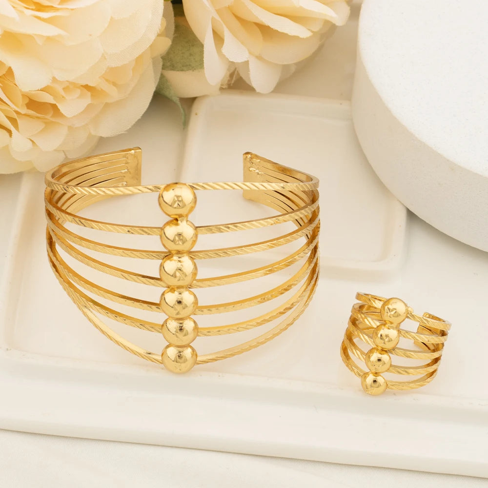 Saudi Arab Gold Color Bracelet Jewelry for Women Fashion Cuff Bangle and Ring Set Dubai Bridal Wedding Party Jewellery