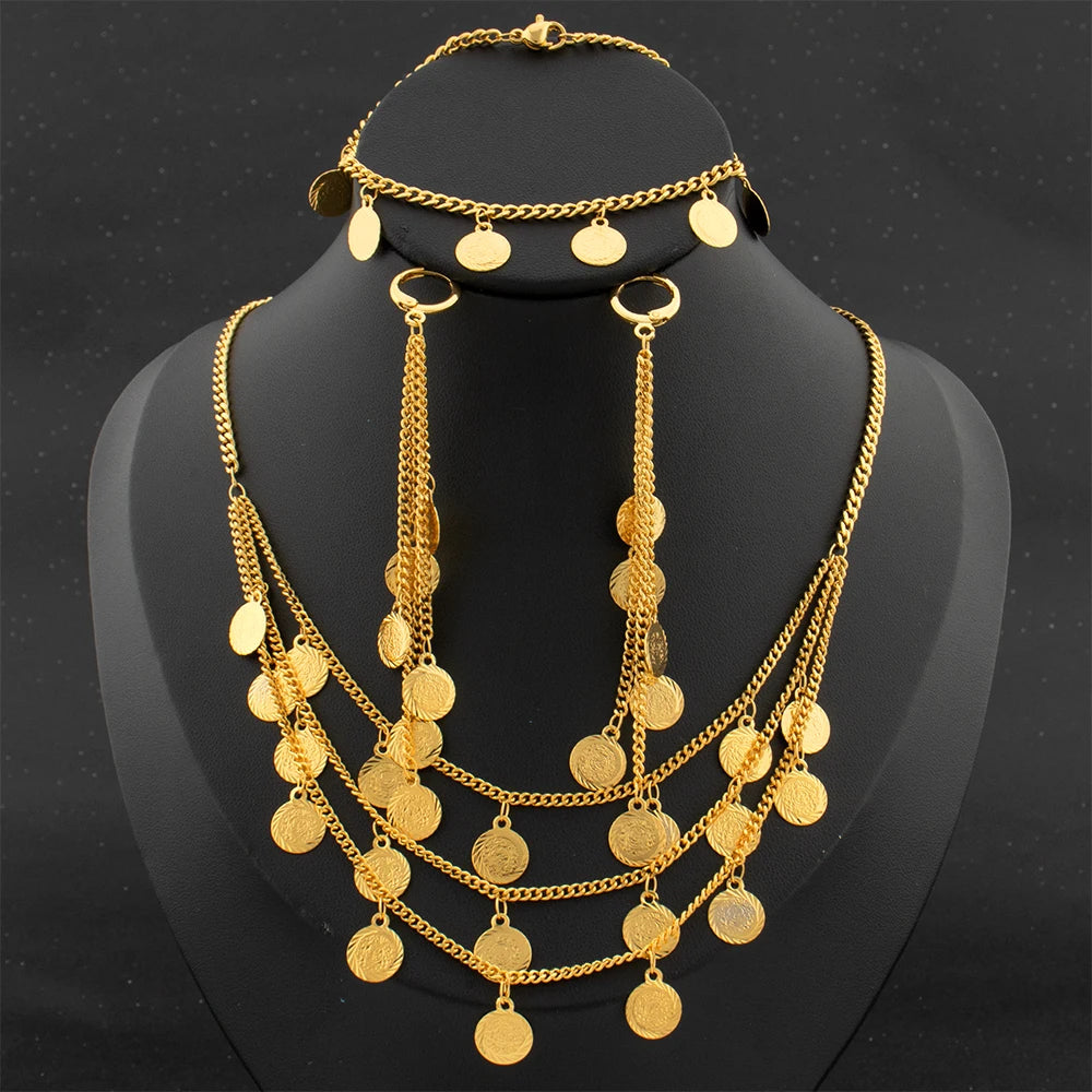 Fashion Bride Jewelry Set Indian Luxury Gold Color Necklace Tassel Earrings with Bracelet Set Dubai Classic Jewellery Party Gift