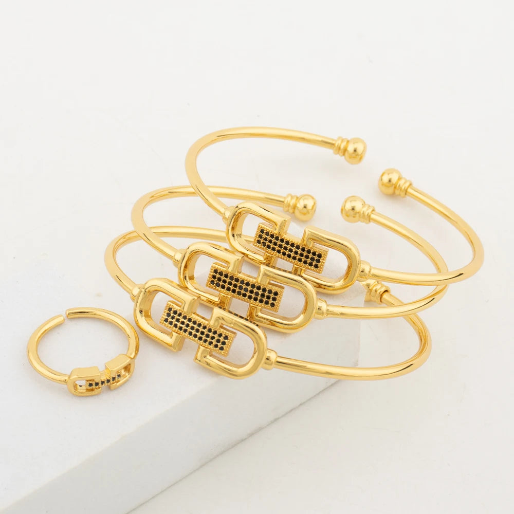 Gold Color Cuff Bracelet Women Italy Fashion Bangle with Ring African Dubai Luxury Wedding Jewelry Set