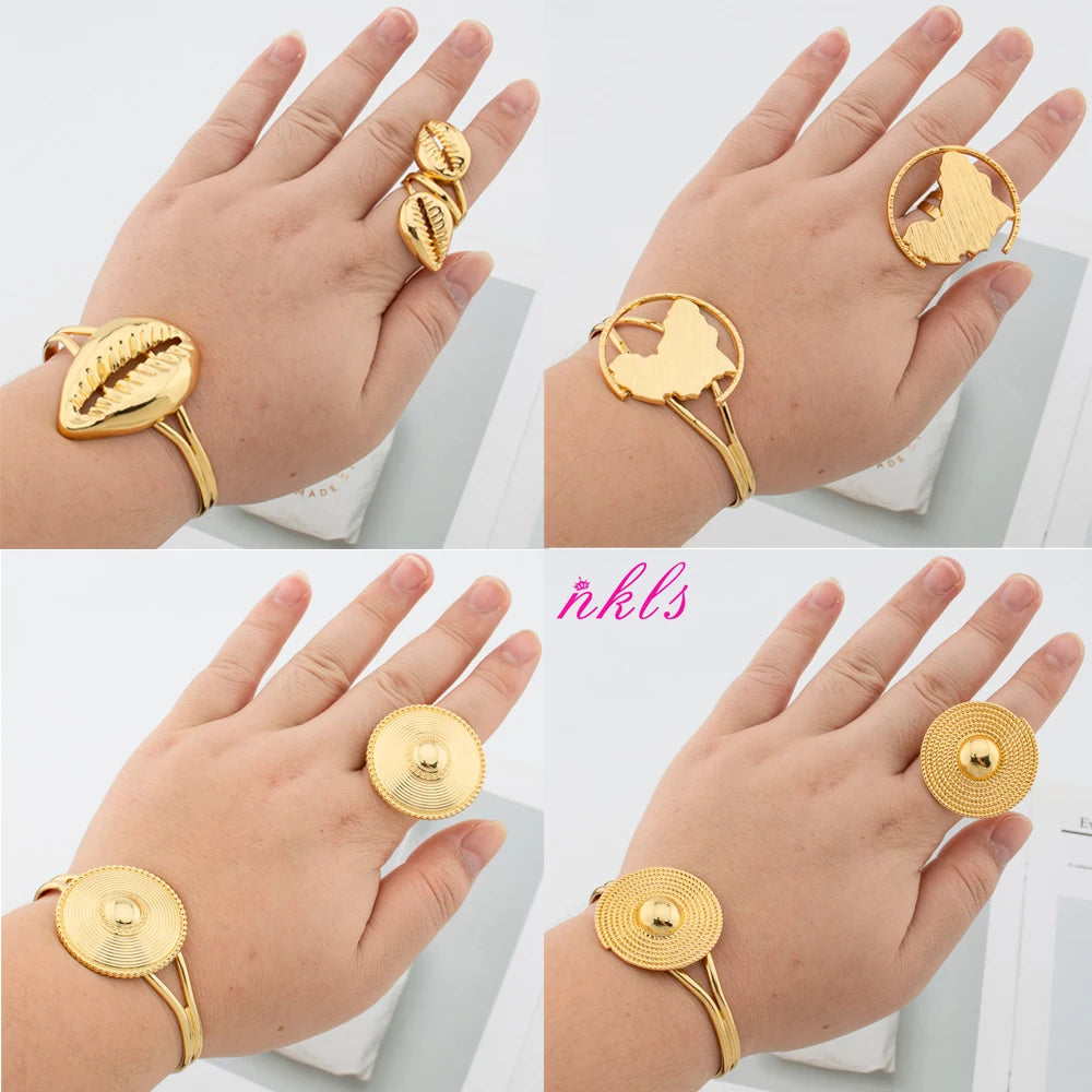 Cuff Bangle and Ring Jewelry Set for Dubai African Women 18k Gold Plated Hand Bracelet Finger Ring Weddings Bride Aesthetic Gift