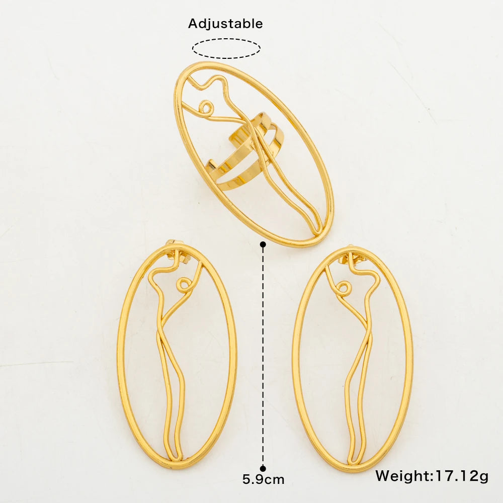 Trend Gold Color Earrings with Ring Set for Party Geometry Design Earrings Cocktail Ring 2Pcs Set for Engagement Party Jewelry