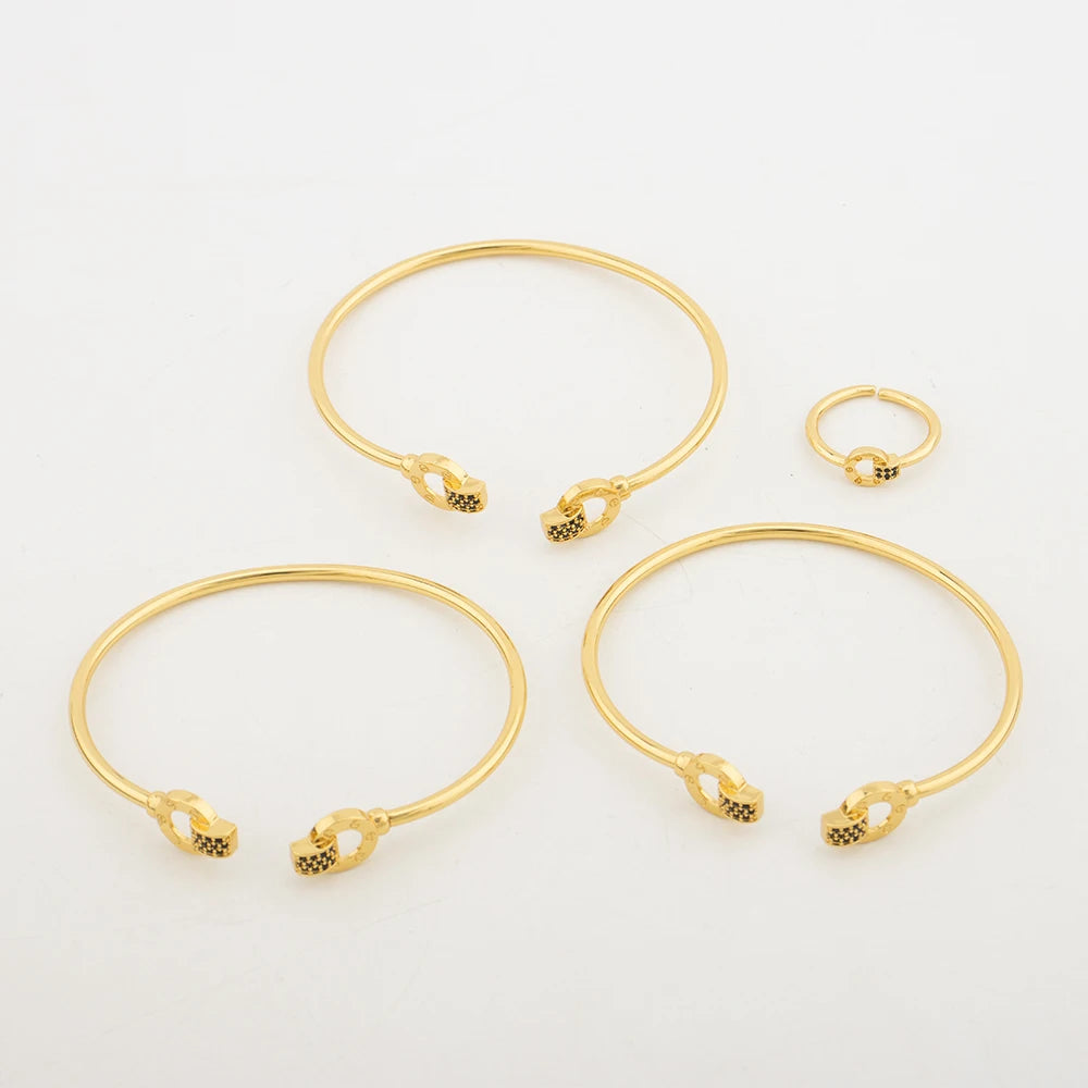 Fashion Bangle with Ring Gold Color Cuff Bracelet Women Italy African Dubai Luxury Wedding Jewelry Set