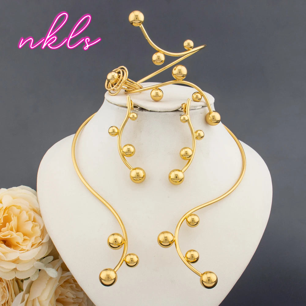 Fashion Women Jewelry Set Dubai Gold Plated Jewelry Italian Design Style Necklace Bangle Festive Earrings Ring Accessories Gift