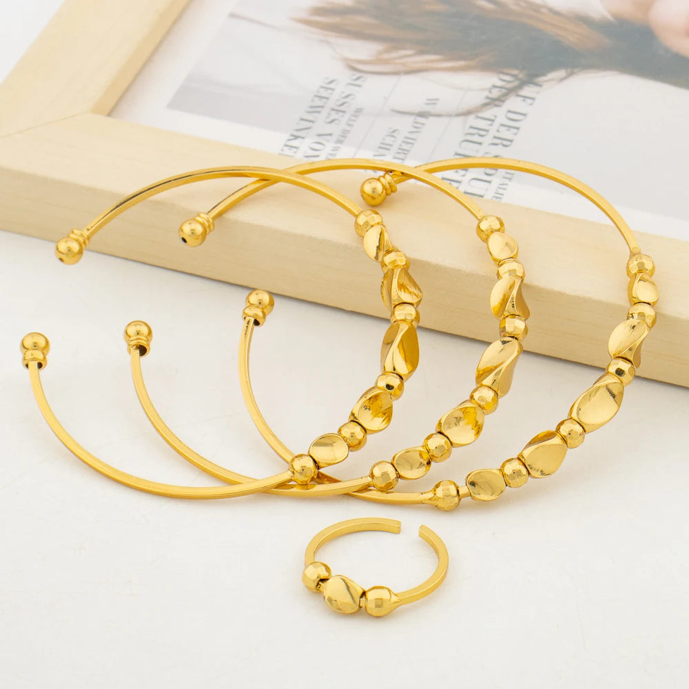 Bangles with Ring Jewelry Set for Party African Women 18k Gold Color Cuff Bangle Ring Beads Design Hand Bracelet Jewelry Set