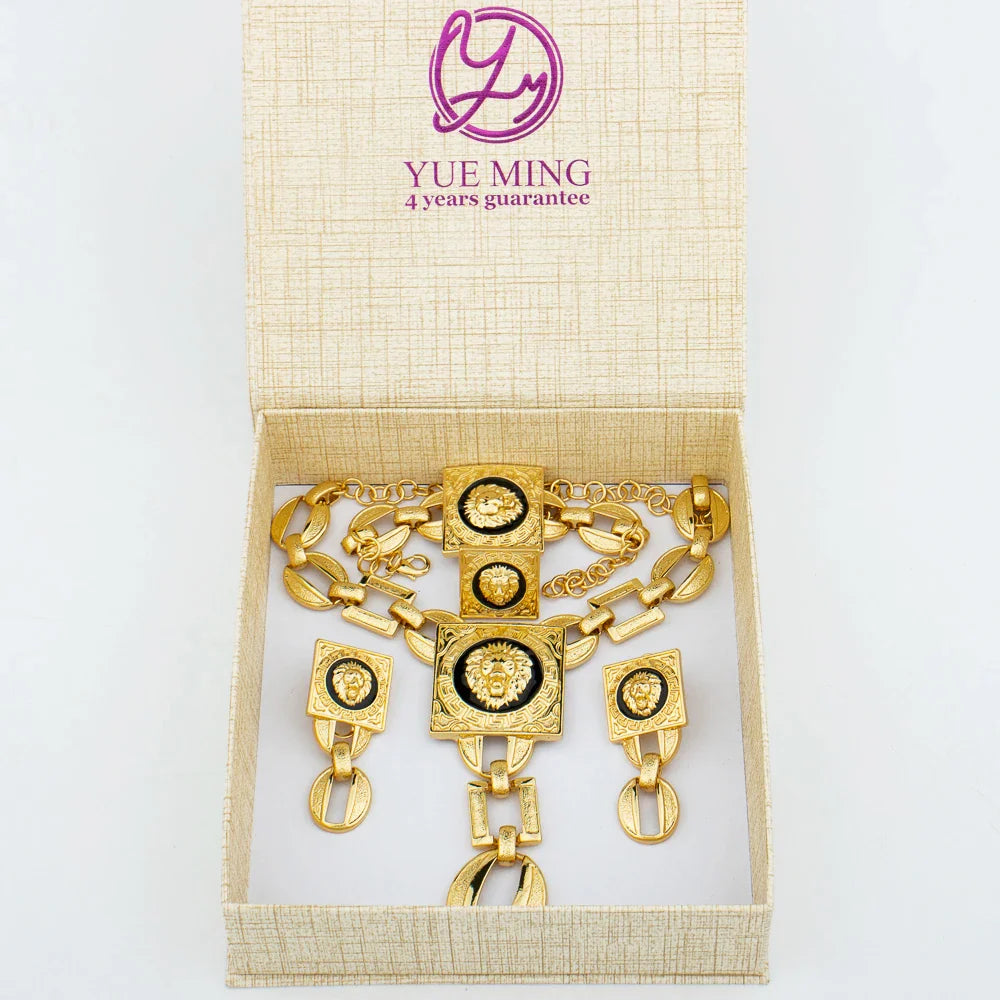 YM Jewelry Set Fashion Woman 18k Gold Plated Necklace Bangle Jewelry Face Shape Chain Pendant Copper Earring Square Ring Gift - YUEMING JEWELRY