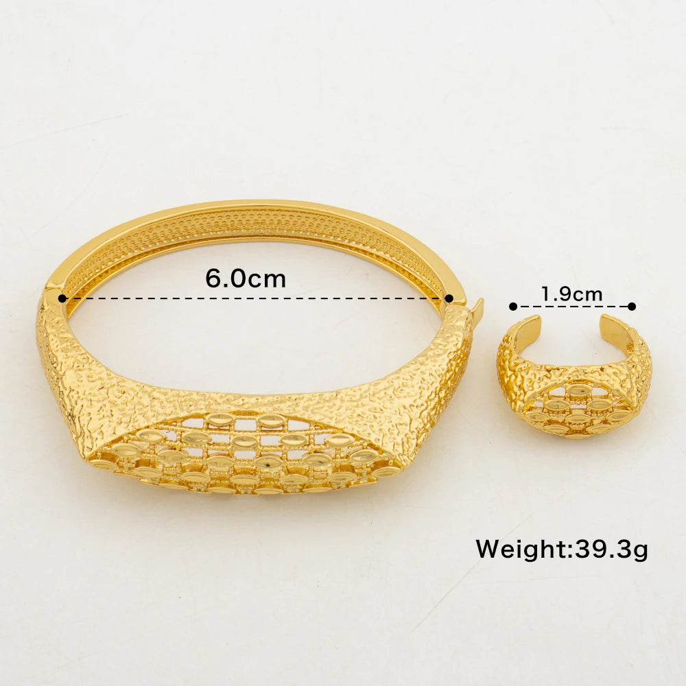 18K Gold Color Bangle and Ring Women Bohemia Nigerian Fashion Newest Hollow Design Bracelet Jewelry Set Wedding Christmas Gift