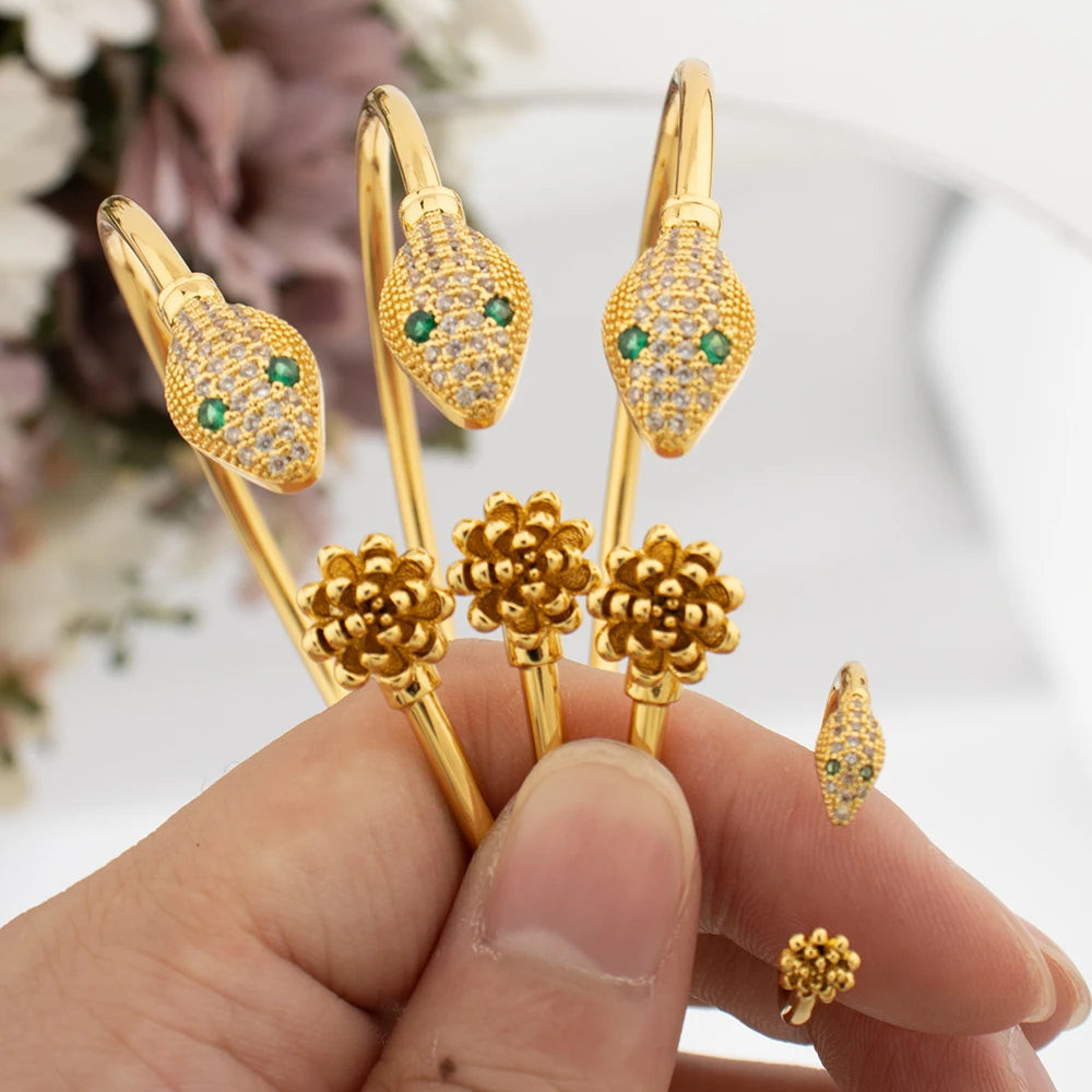 African Snake Design Fashion Bangle with Ring Dubai Luxury Italy Women Gold Color Cuff Bracelet Wedding Jewelry Set