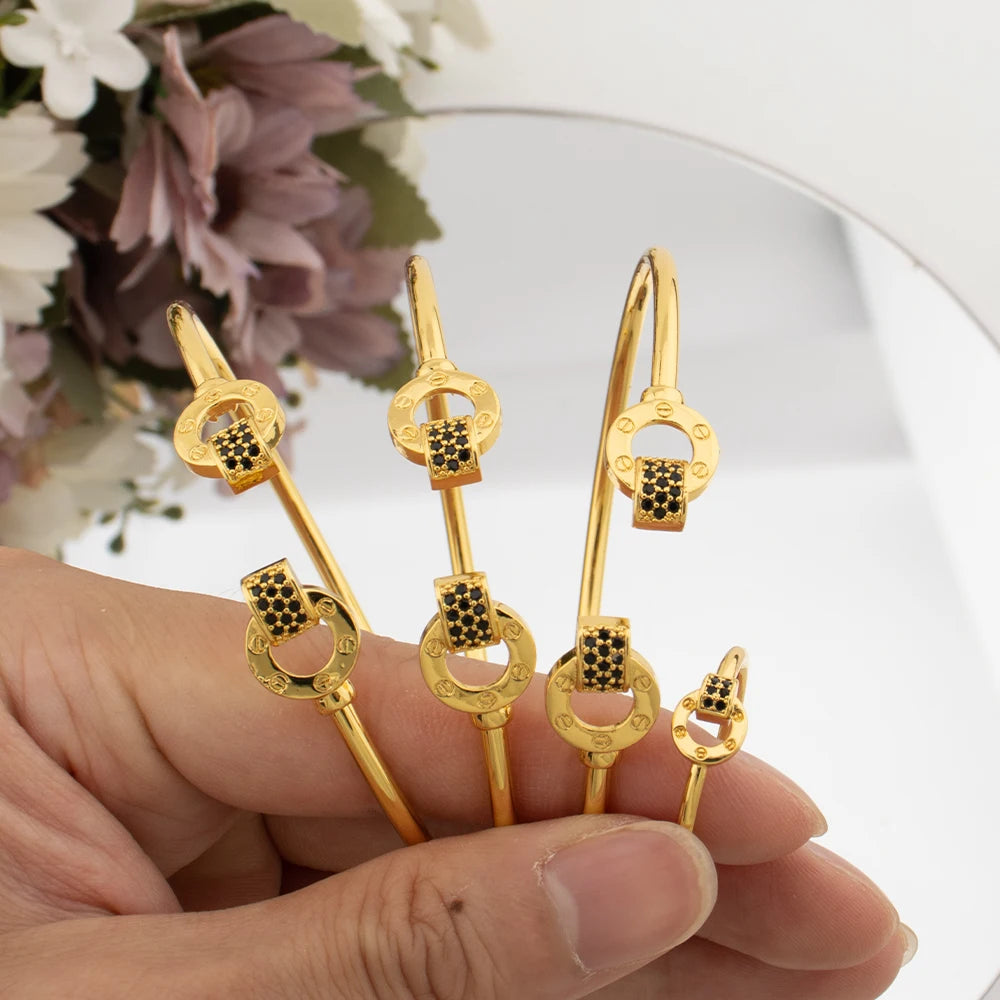 Fashion Bangle with Ring Gold Color Cuff Bracelet Women Italy African Dubai Luxury Wedding Jewelry Set