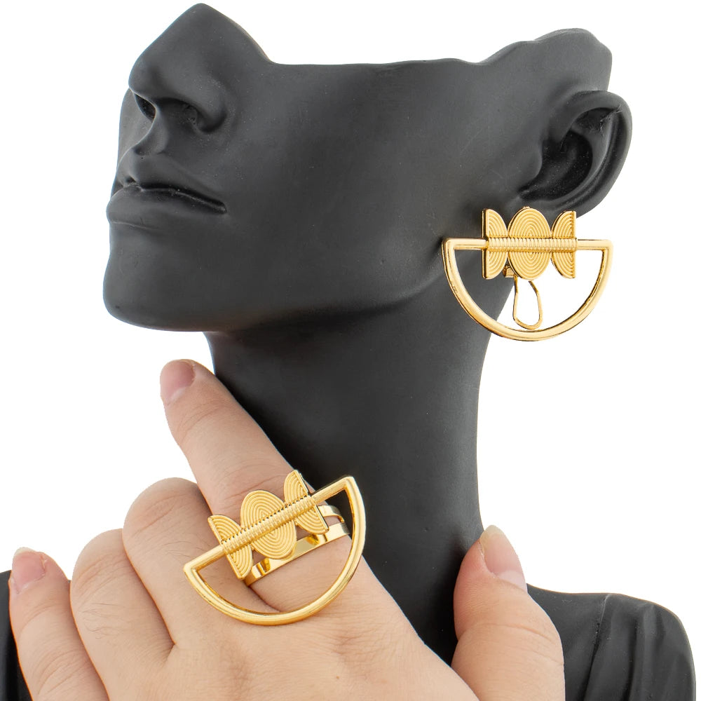 African Map Design Jewelry Set for Party Women Statement Big Earrings and Adjustable Ring Set for Nigerian Party Daily Wear