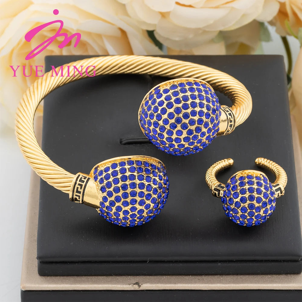 YM Gold Plated Cuff Bangles with Ring For Women Charm Bracelet Colored Zircon Jewelry Set Dubai Wedding Banquet Anniversary Gift