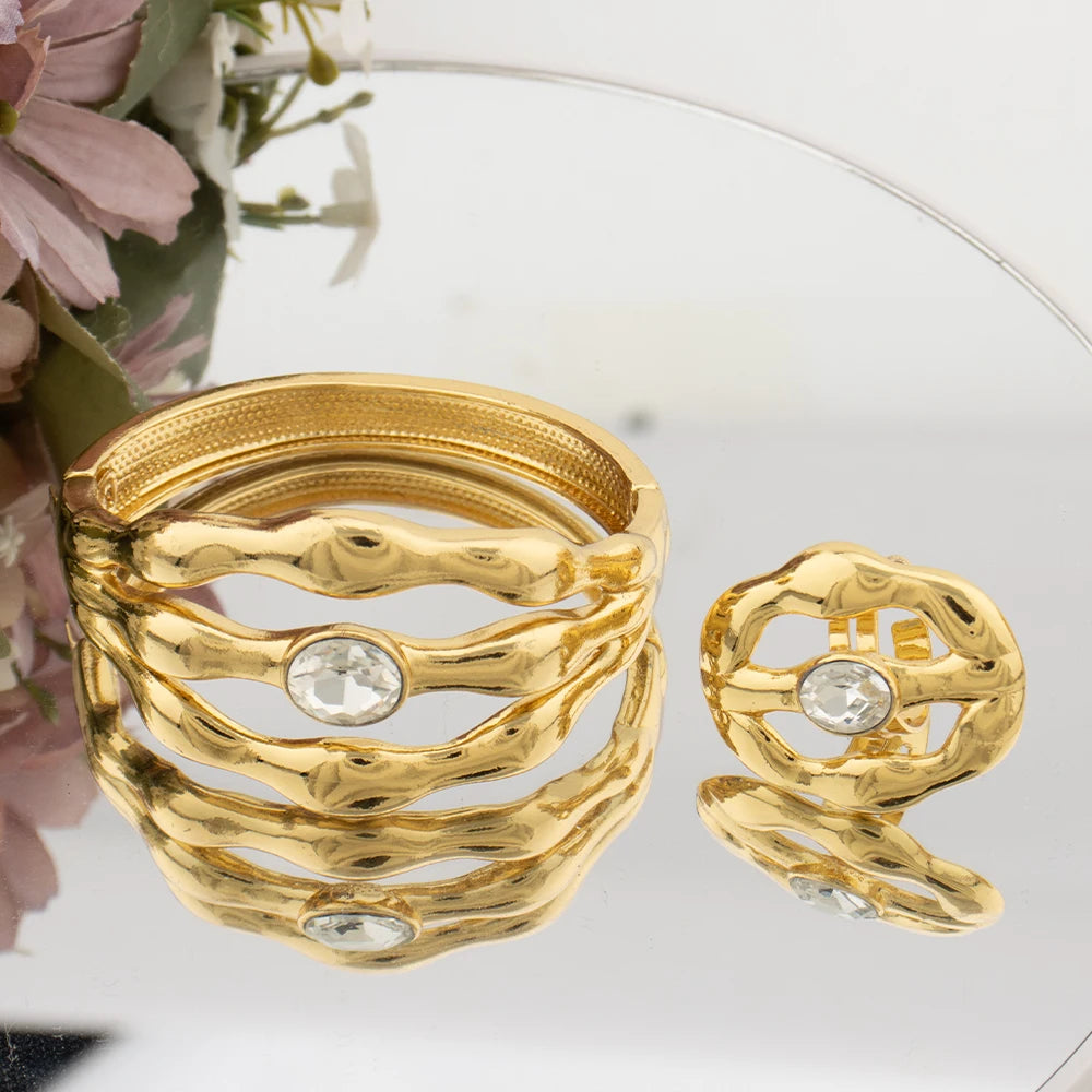 Luxury Gold Color Bracelet Dubai Woman Cuff Bracelet Female Bridal Wedding Designer Bangles with Ring For Women