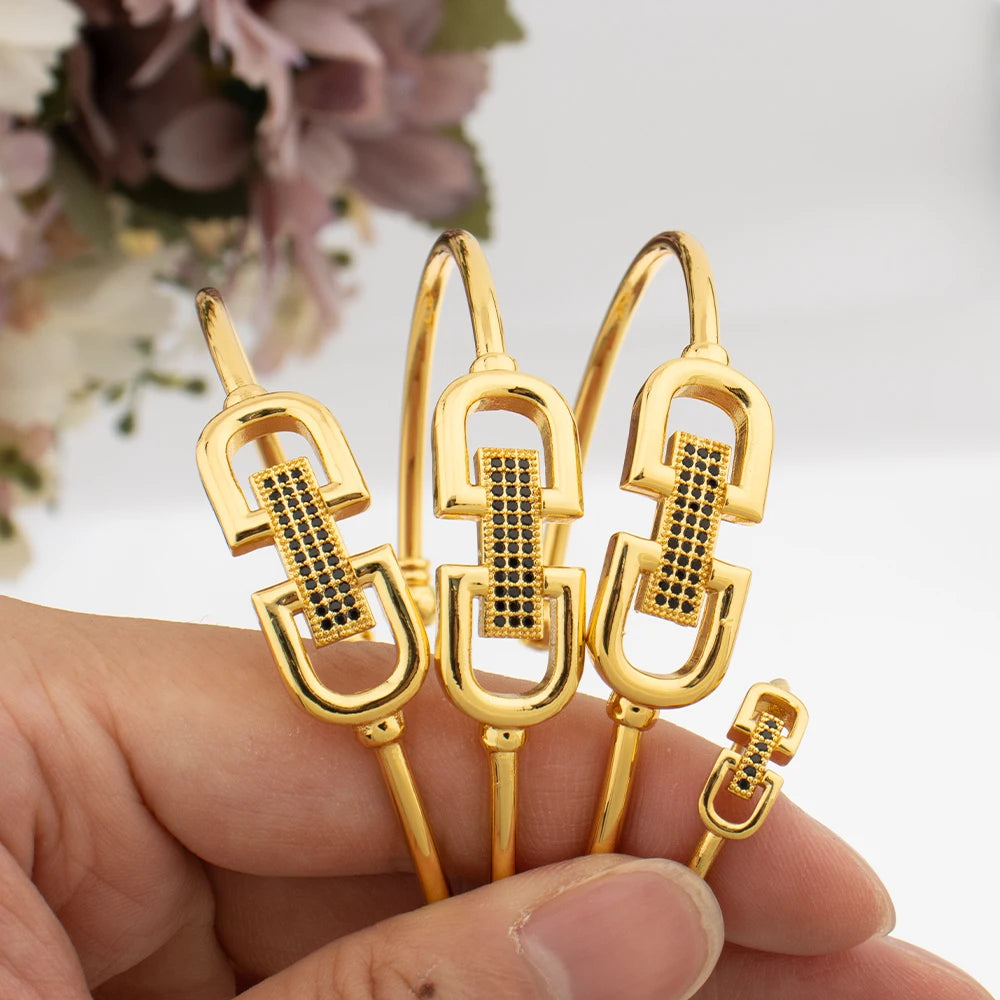 Gold Color Cuff Bracelet Women Italy Fashion Bangle with Ring African Dubai Luxury Wedding Jewelry Set