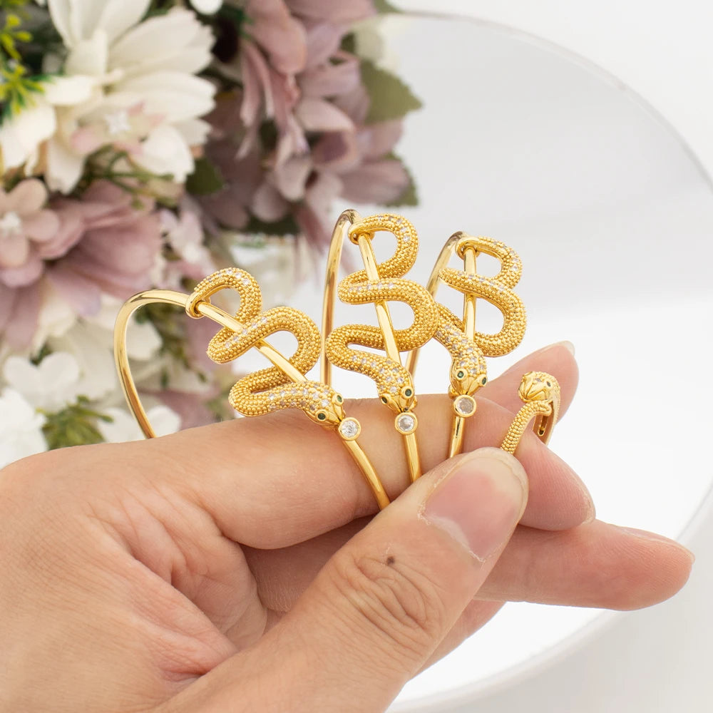 Fashion Women Gold Color Cuff Bangle with Ring African Snake Design Dubai Luxury Italy Bracelet Wedding Jewelry Set