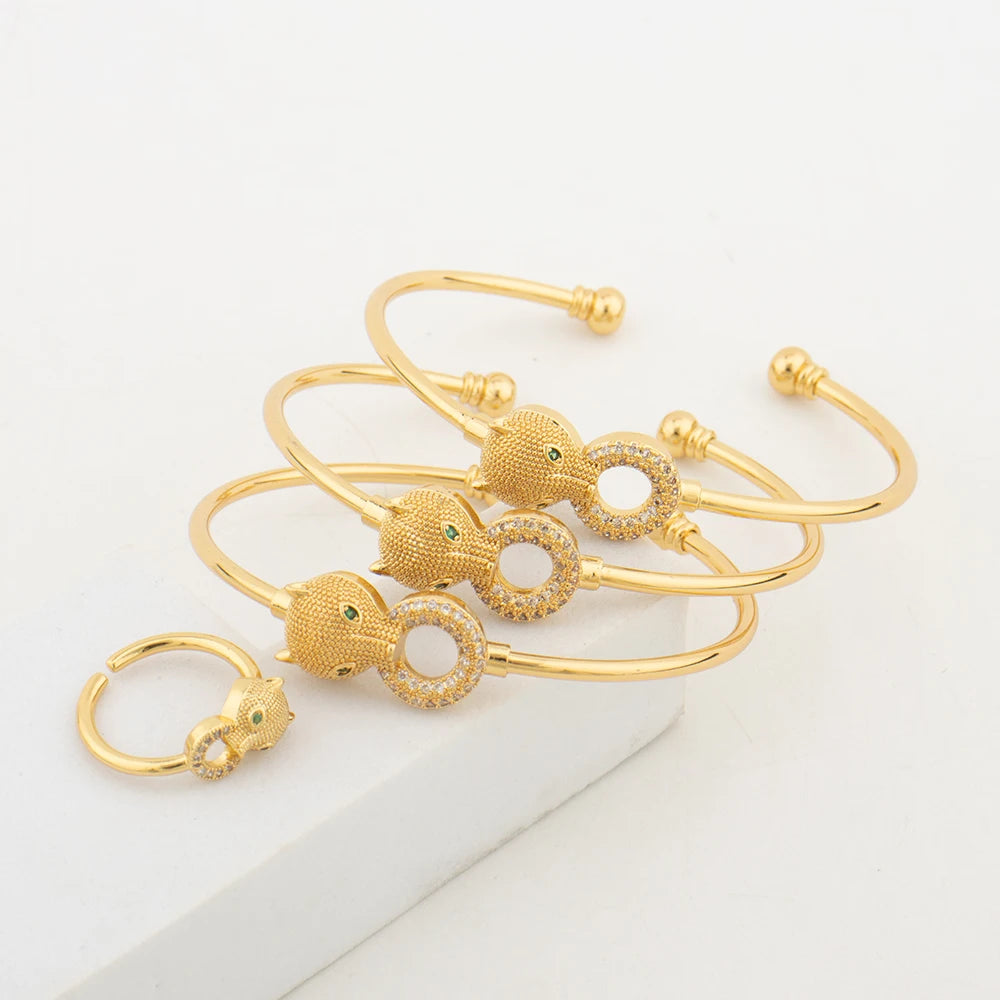 Italy Gold Color Cuff Bracelet Women Fashion Bangle with Ring African Dubai Luxury Wedding Jewelry Set