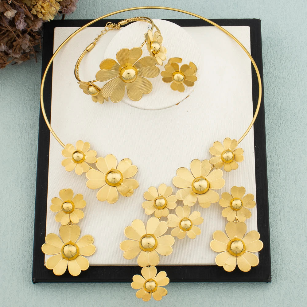 Luxury Design Gold Color Flower Jewelry Set Women High Quality Trend Dubai Collar Necklace Earrings Bangle Ring Banquet Jewelry