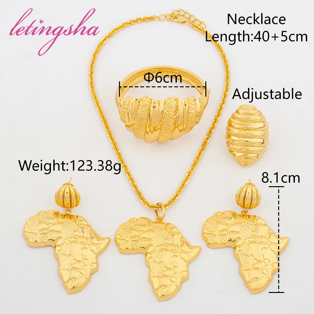Luxury 18k Gold Plated Jewelry Set African Map Design Pendant Earrings Golden Bangle Ring Set for Women Daily Wear Party Gift