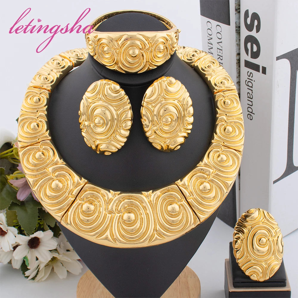 African Fashion Beads Round Jewelry Set for Women Luxury Gold Color Tassel Earrring Pendant Bangle Ring Set Wedding Party Gift