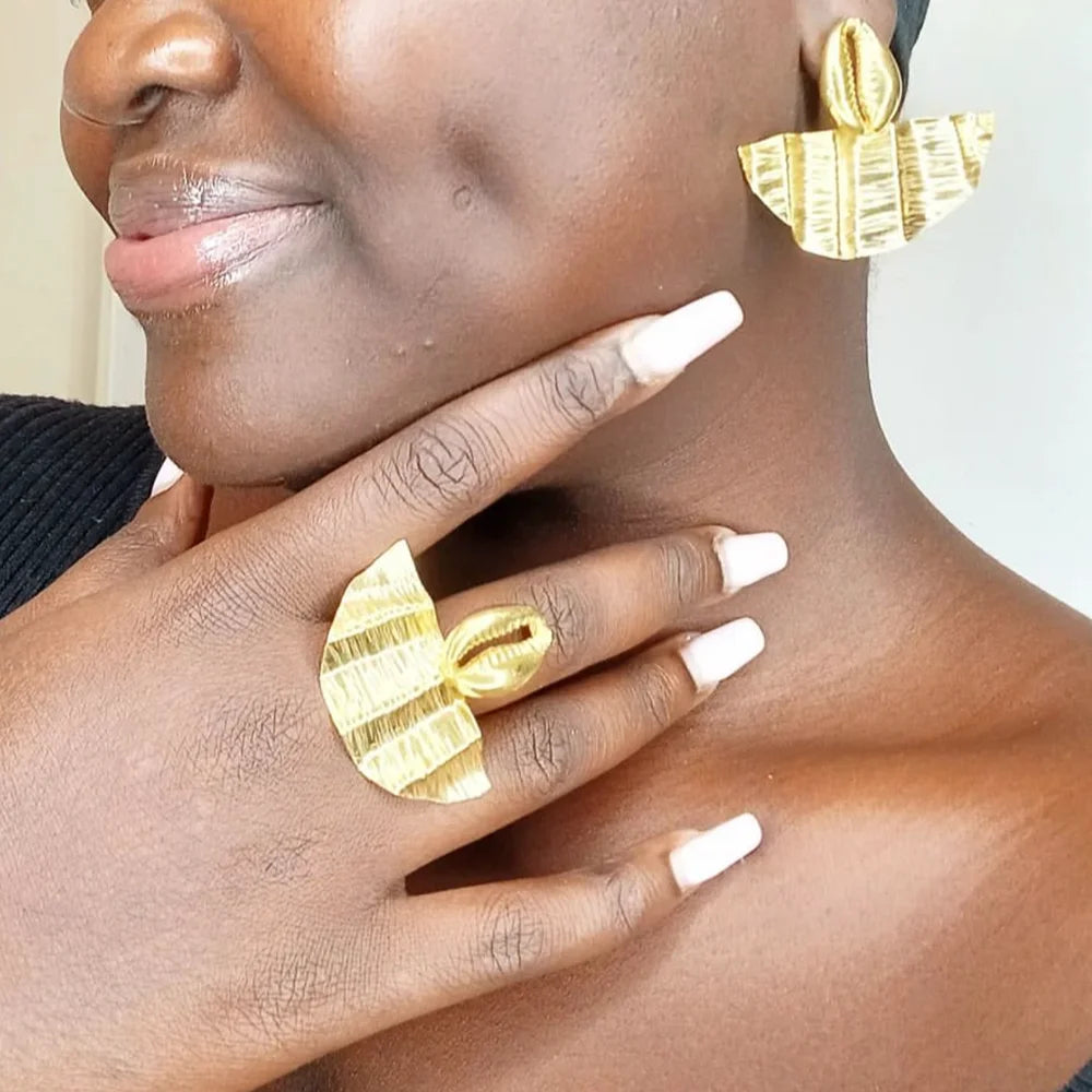 Brazilian Earrings and Ring Jewelry Set African Gold Plated for Women New Design Earrings and Finger Ring Set for Jewelry Gift