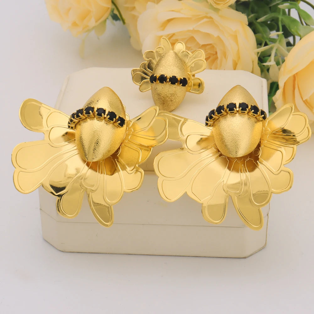 African Gold Color Luxury Unique Bee Shape 2Pcs Set For Earrings and Ring Elegant Women Jewelry Gift For Party and Wedding