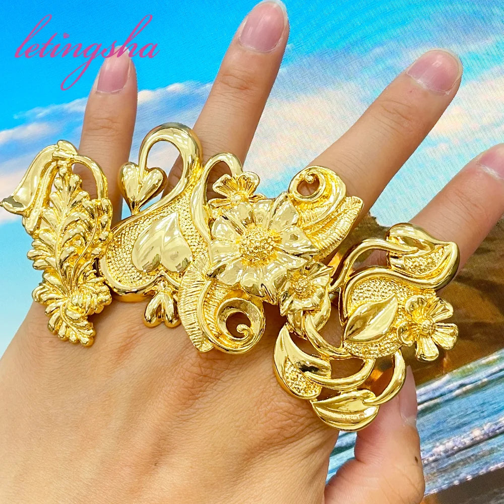 Fashion Big Ring Dubai Copper Jewelry 18k Gold Color New Design Women Set Bridal For Party Gift