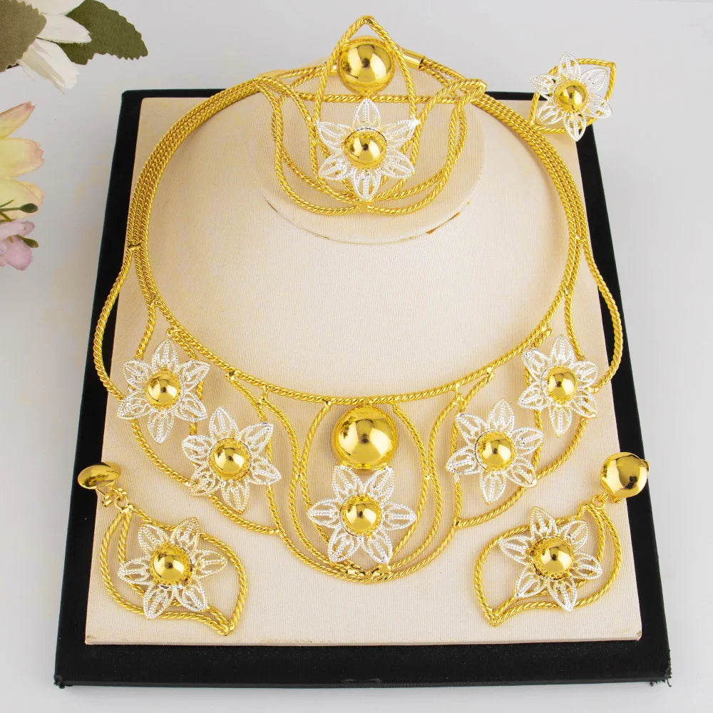 Dubai Jewelry Set For Women Gold Color Hollowed Out Earrings Flower Necklace Bangle Ring Nigeria Elegant Bride Party Easter Gift