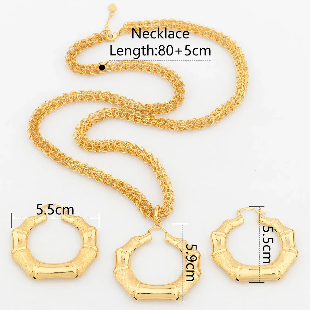 Fashion Gold Plated Jewelry Sets Bridal 80CM Necklace Bamboo Pendant Hoop Earrings for Women Weddings Gifts Jewellery Accessory - YUEMING JEWELRY