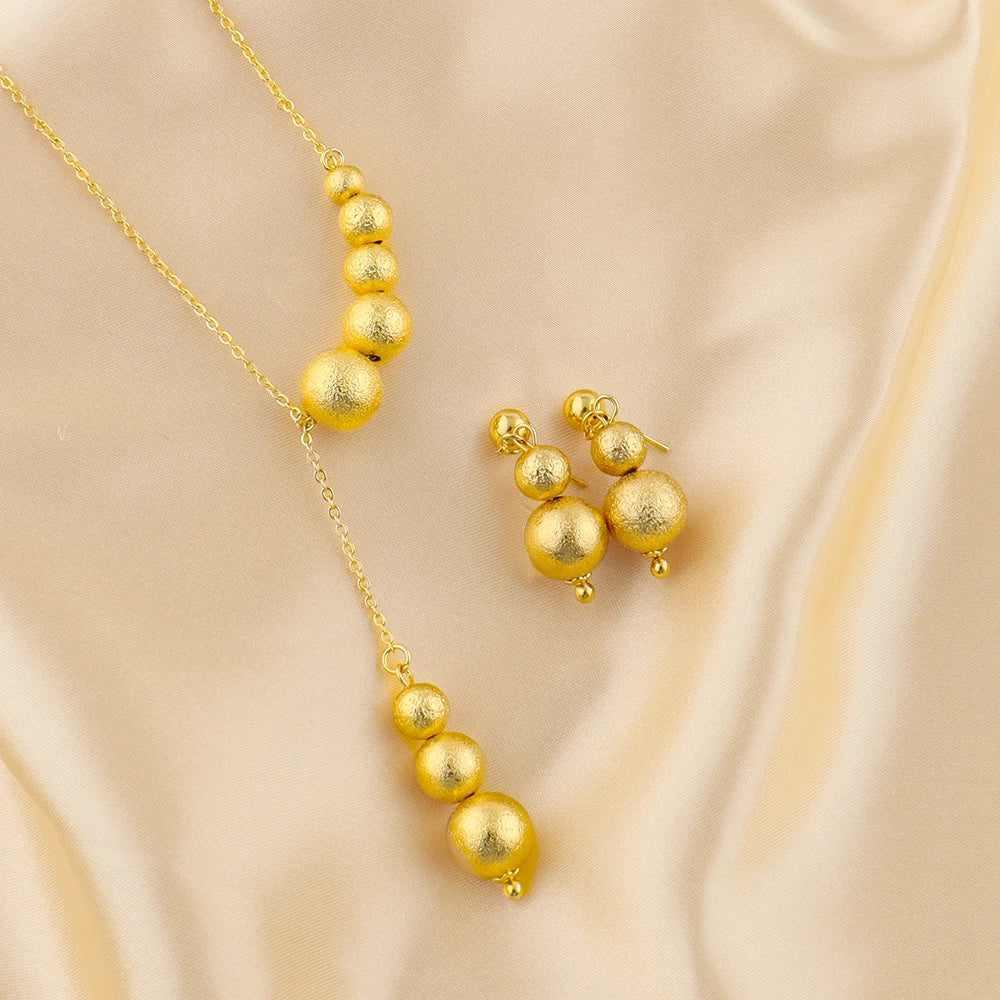 Italy French Charm Gold Color Round bead Necklace Earrings Set for Women Light Luxury Gold Plated Jewelry Gift for Party Wedding