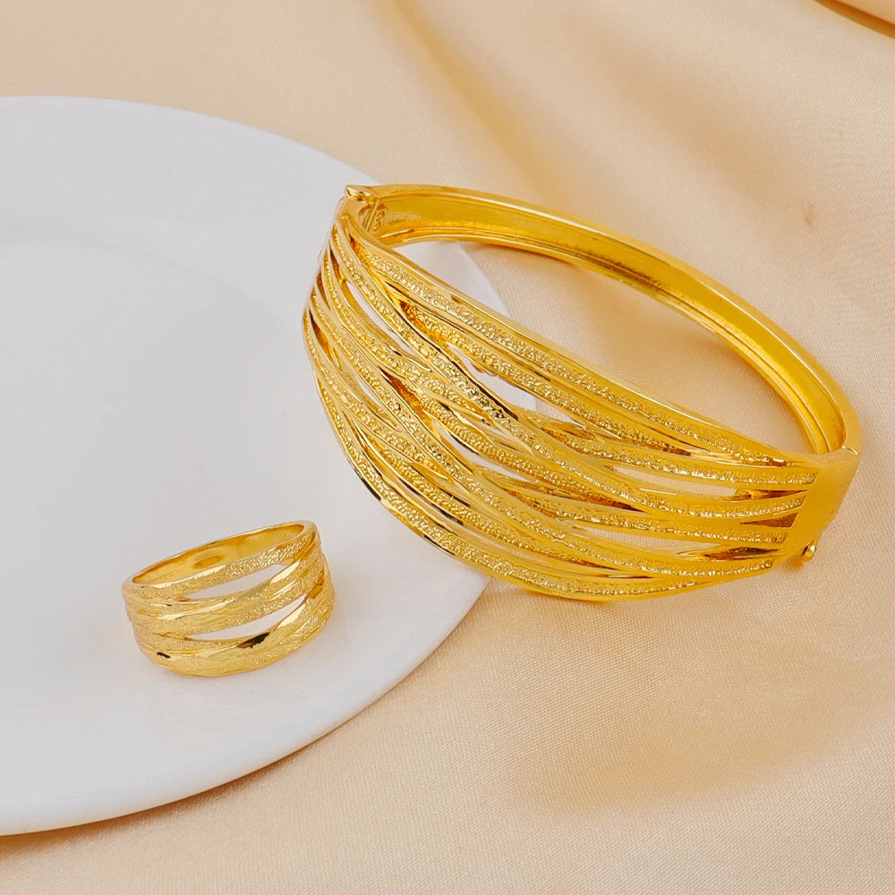 Saudi Arabia African 18K Gold Irregular Fashion Jewelry Set Women Bracelet Ring Dubai Bride Nigeria Wedding Party Accessories