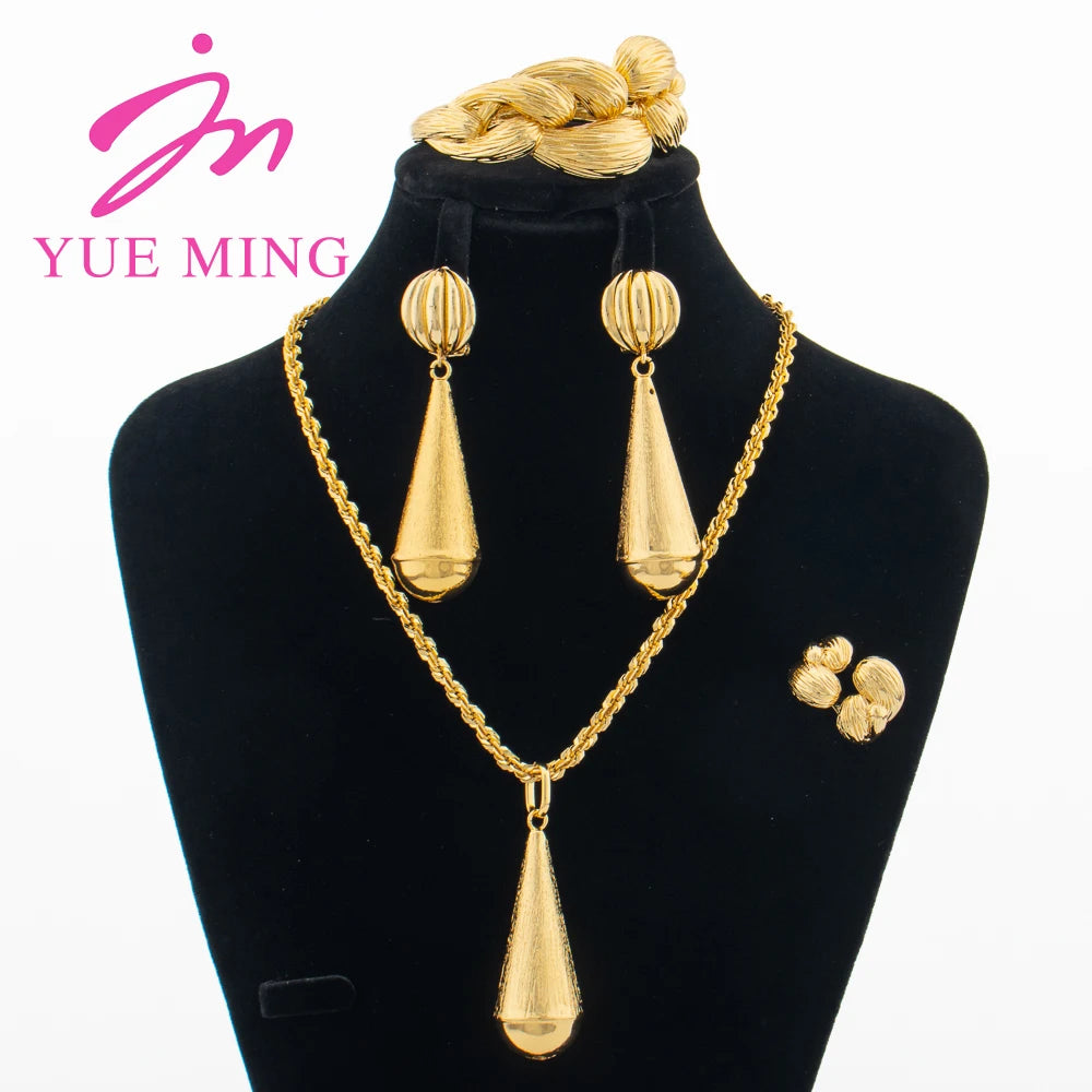 Elegant Women's Jewelry Sets Water Droplet Earrings Pendant Copper Necklace Adjustable Ring 18k Gold-plated Charm Bracelet Gifts
