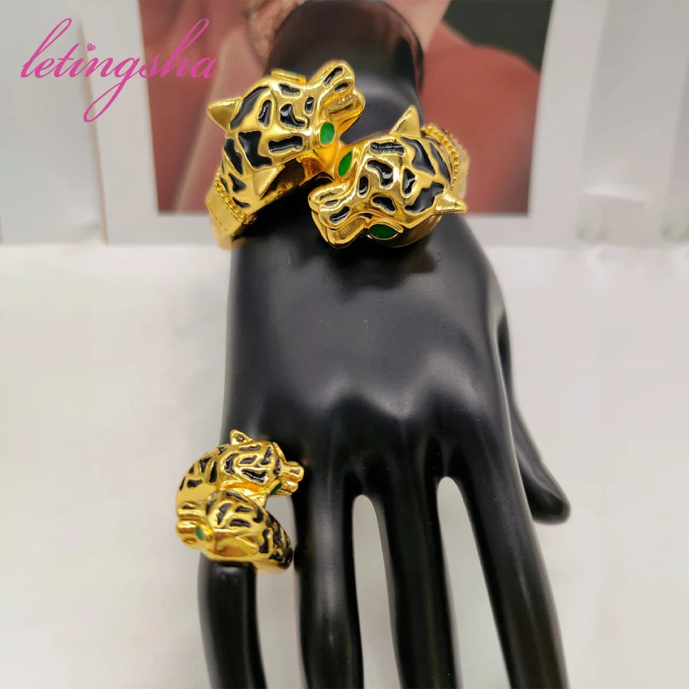 New Bangles Ring Set Leopard Design African 18k Gold Plated Bracelet Jewelry Set Dubai Bangle Daily Wear Party Gift