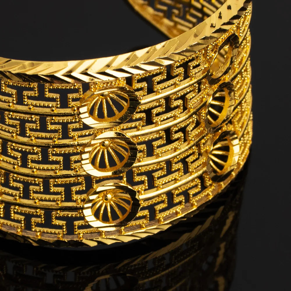 Luxury Dubai Gold Color Bangle And Ring For Women Noble Hollow Out Design Jewelry Set For Easter Gifts Wedding Arabic Party