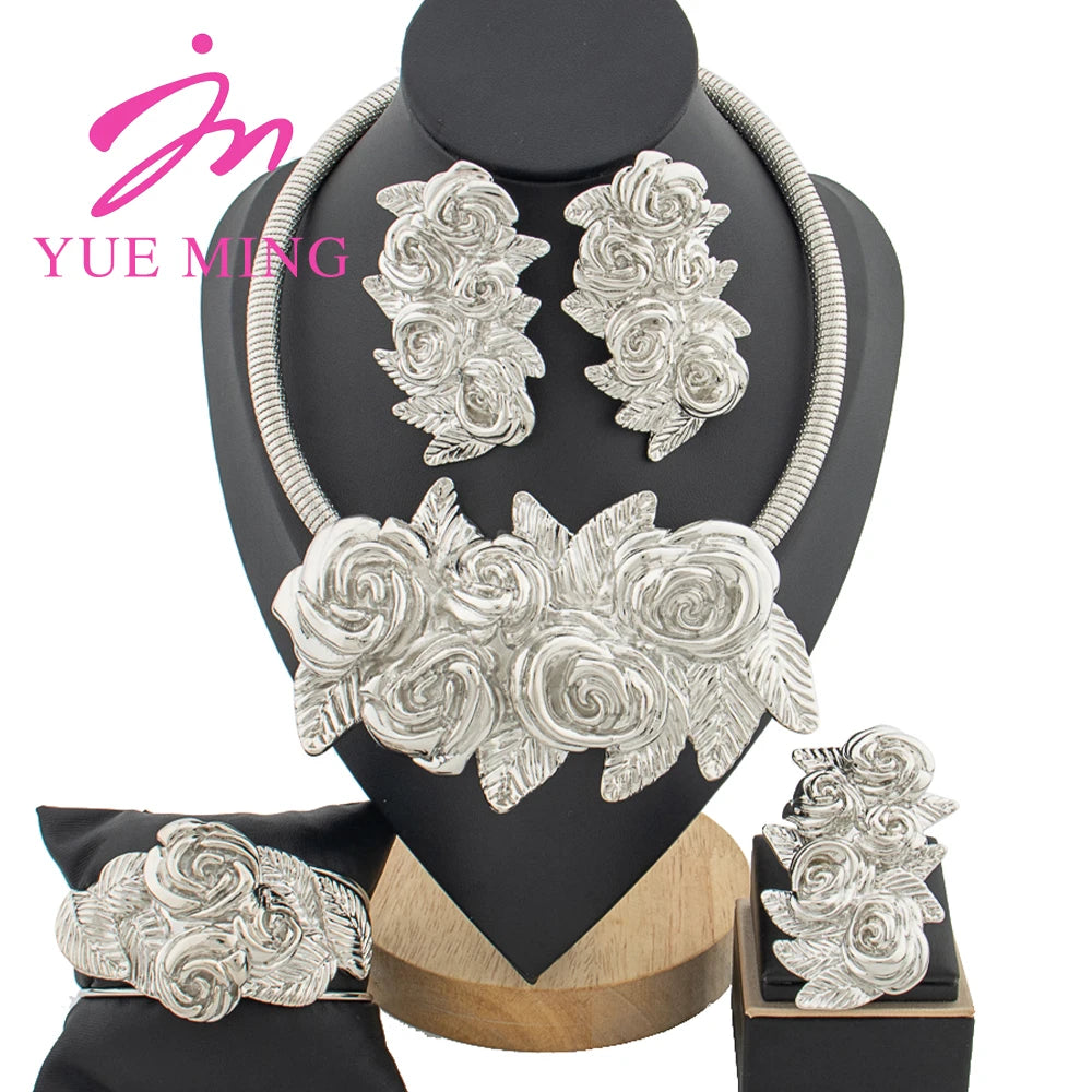 YM Sliver Plated Jewelry Set Women Party Collar Cuff Bangle Luxury Flower Pendant Large Earrings Ring Dubai Wedding Jewelry Gift