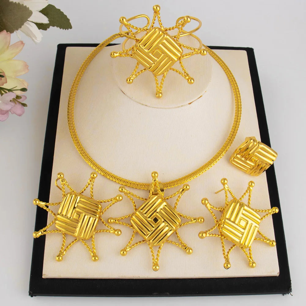 Saudi Arabia Gold Color Luxury Indian Jewelry Sets Necklace Earrings Bangle Ring African Wedding Party Traditional Jewelry Gifts