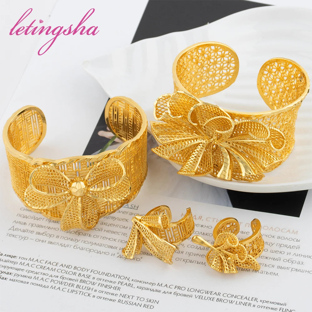 Dubai Fashion Flower Cuff Bangle with Ring Set Indian Bride Gold Color Jewelry Bracelet Ring Wedding Party Gift Luxury Jewellery