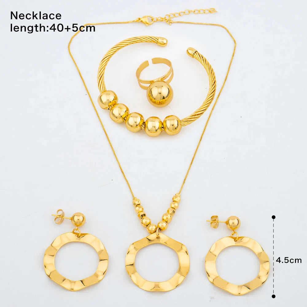 Arabic Dubai Jewelry Set for Women Bead Earrings Necklace Ethiopian African Chain Gold Color Bracelet Ring Wedding Bridal Gift - YUEMING JEWELRY