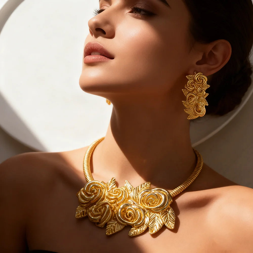 YM 18K Gold Plated wedding jewelry for woman Luxury Exquisite Flower Necklace earrings Bracelet Ring set bridal accessories Gift