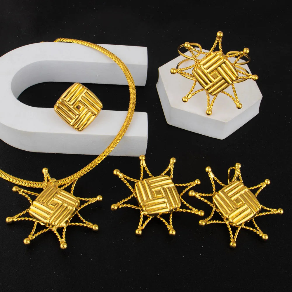 Saudi Arabia Gold Color Luxury Indian Jewelry Sets Necklace Earrings Bangle Ring African Wedding Party Traditional Jewelry Gifts