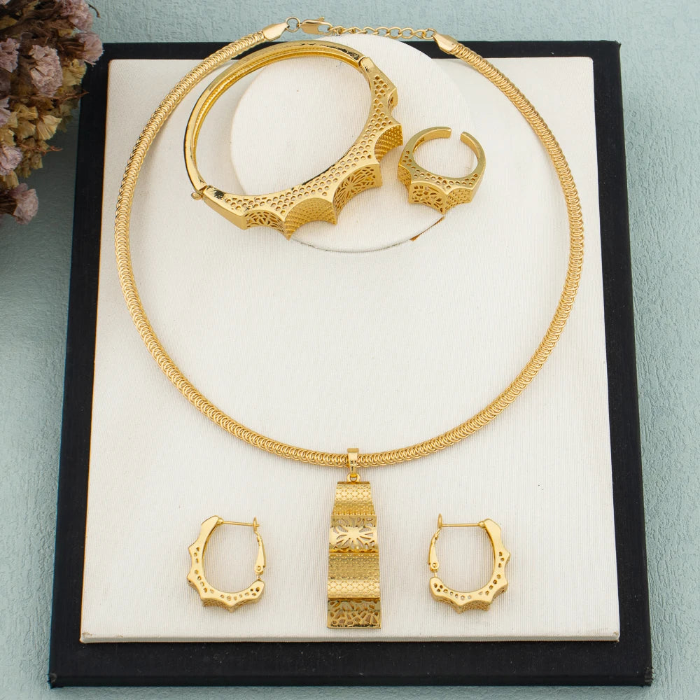 Trend Gold Color Jewelry Set for Women Hollow Design Earrings Geometry Design Bride Lady Italy France Fashion Bracelet Ring Gift