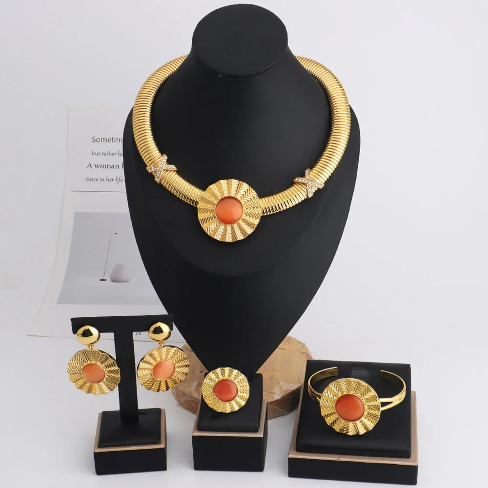 Luxury Dubai Wedding 4pcs Jewelry Sets Bridal Dopamine Series Sunflower Necklace Earring Bracelet Ring For Women Party Banquet