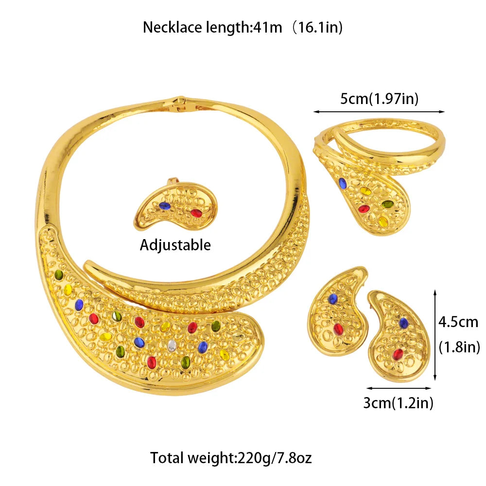 Dubai Luxury Gold Plated Dopamine Color Necklace Earrings Bangle Ring Set for Women Men Gold Color Jewelry Gift for Party