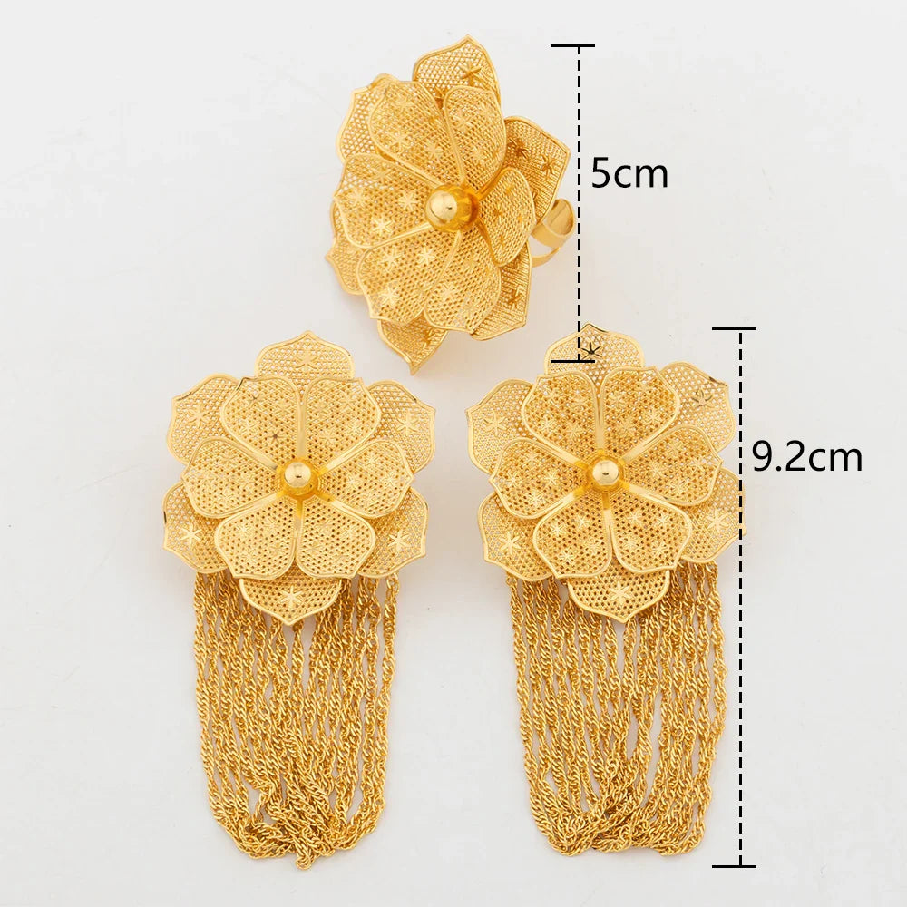 Tassels Earring and Rings with Gift Box Gold Color Dubai Luxury Hangle Earrings For Women Adjustable Ring Banquet Wedding Gifts - YUEMING JEWELRY